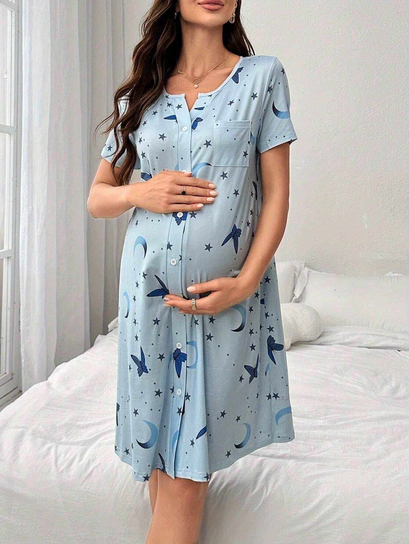 Maternity Nursing Pajamas Home Wear Casual Nightgown Short Sleeve Dress Summer Dress Comfortable Spring Summer Pregnant Women Clothes Breastfeeding