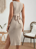 Full Back View of Long Sleeveless Beige Bodycon Maternity Dress - Clean and Elegant Outfit - Fanghuang