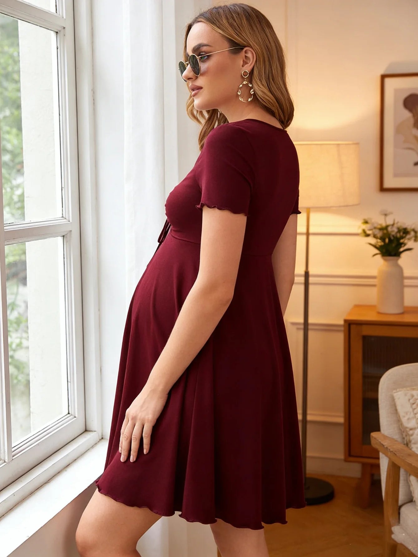 Summer casual red maternity dress, versatile and comfortable sports maternity short dress