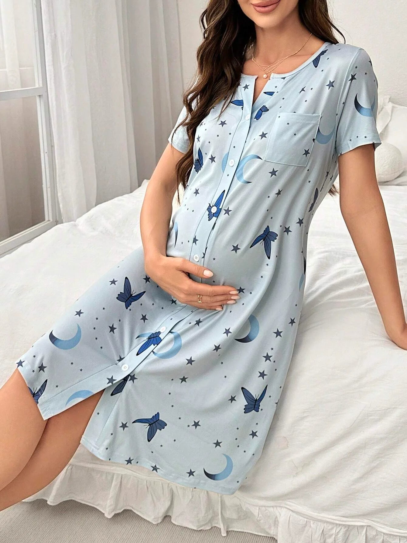 Summer casual blue maternity dress, stretchy and comfortable sports dress, maternity sleepwear and loungewear