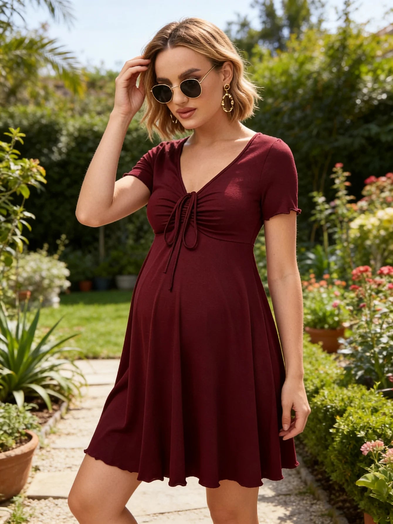 Summer casual red maternity dress, versatile and comfortable sports maternity short dress