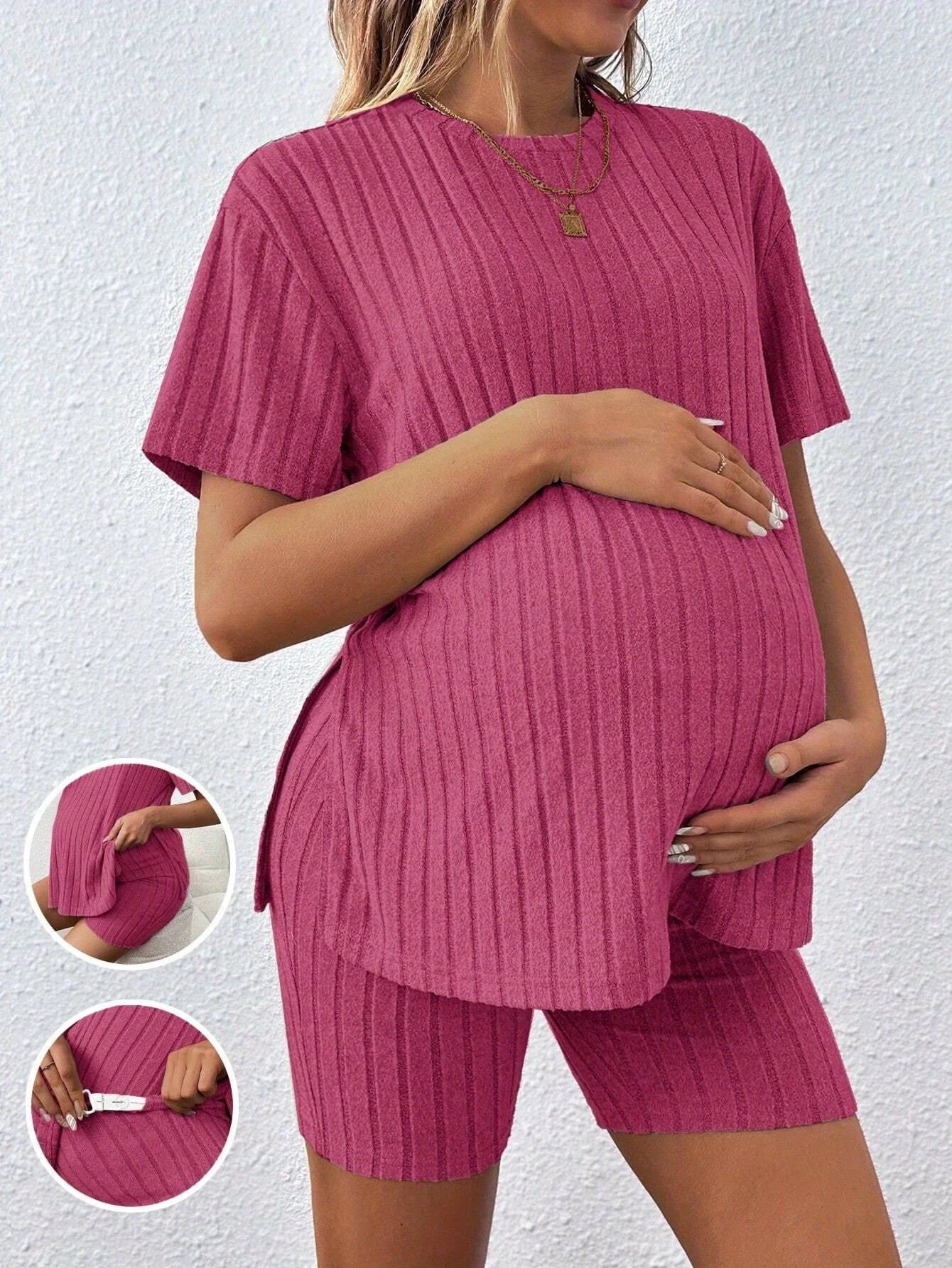 Maternity Two-Piece Set, Summer Comfortable Casual Versatile Loose Stretch Pink Maternity Suit
