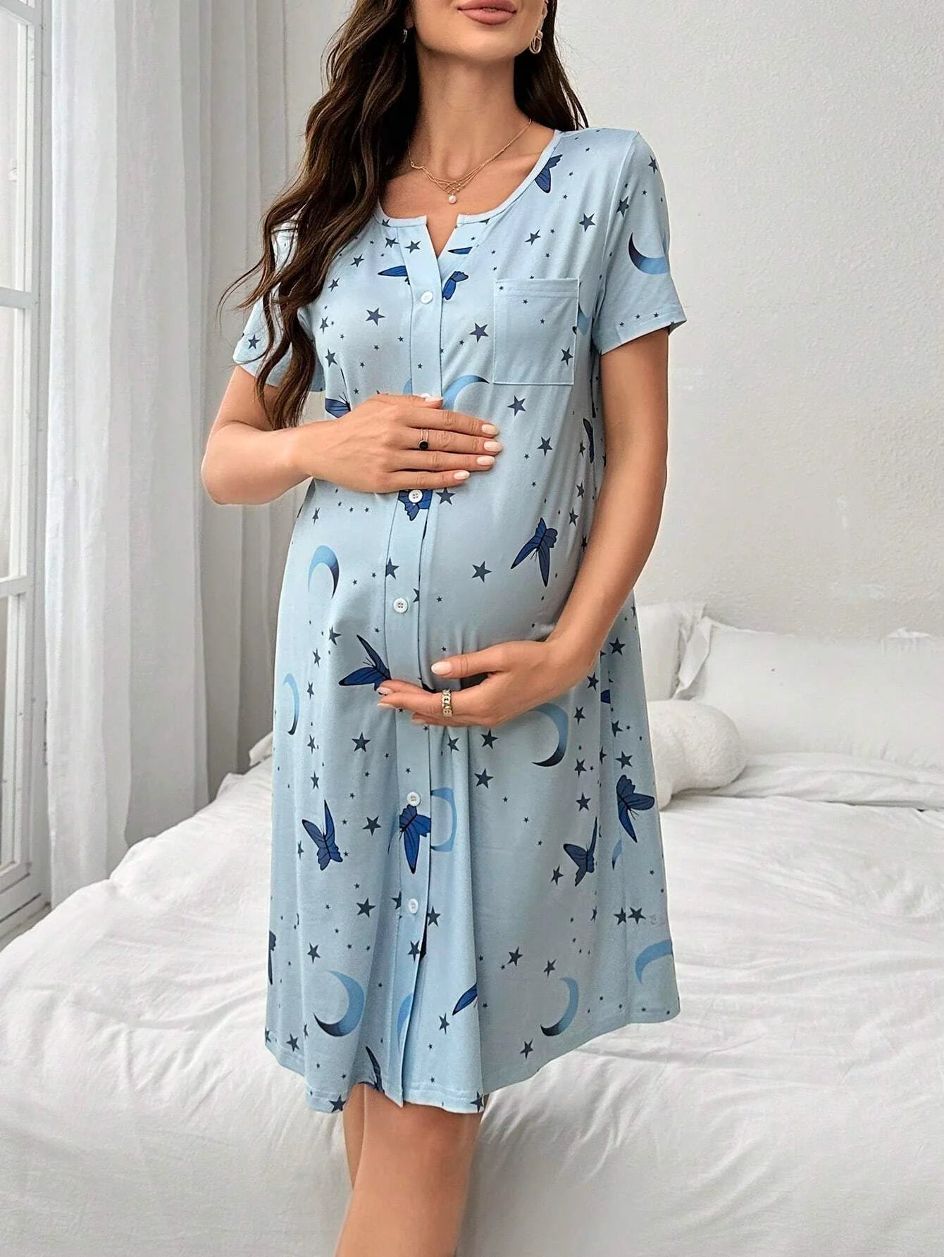 Summer casual blue maternity dress, stretchy and comfortable sports dress, maternity sleepwear and loungewear