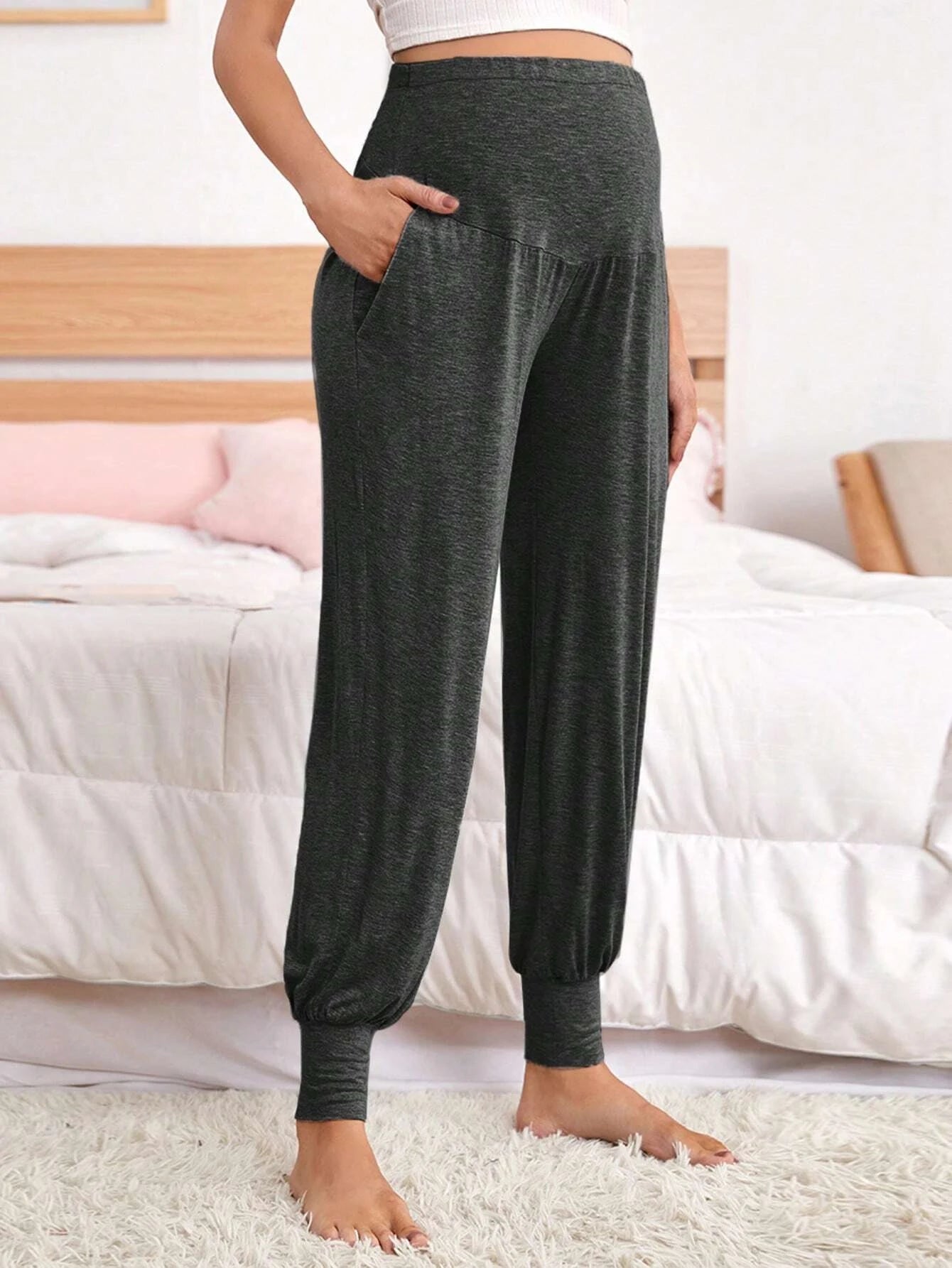 Black Summer Casual Stretch All-Match Athletic Maternity Yoga Capri Sweatpants