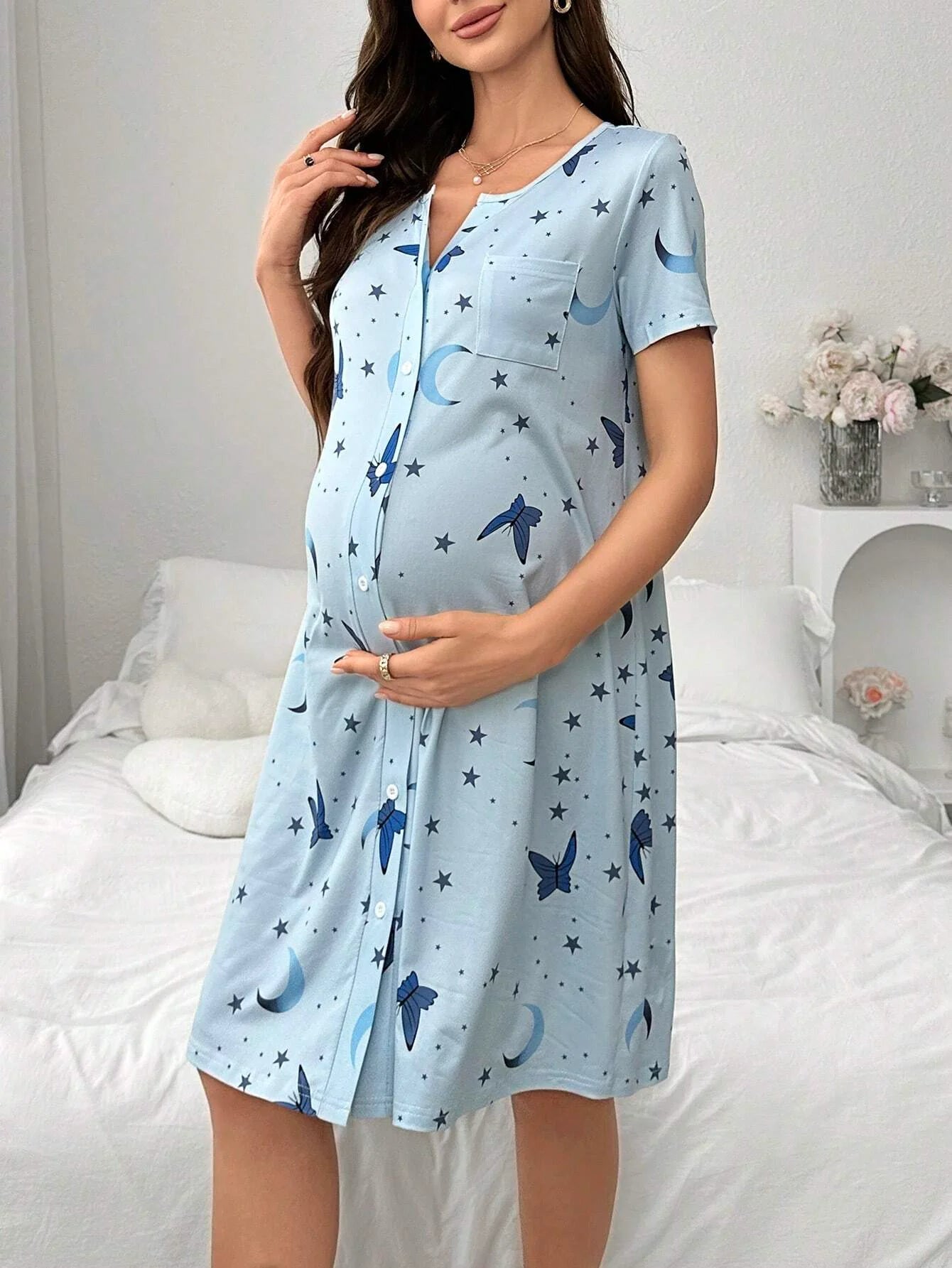 Summer casual blue maternity dress, stretchy and comfortable sports dress, maternity sleepwear and loungewear