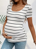 Maternity Striped Short Sleeve T-Shirt - White & Black Ruched Side Pregnancy Top